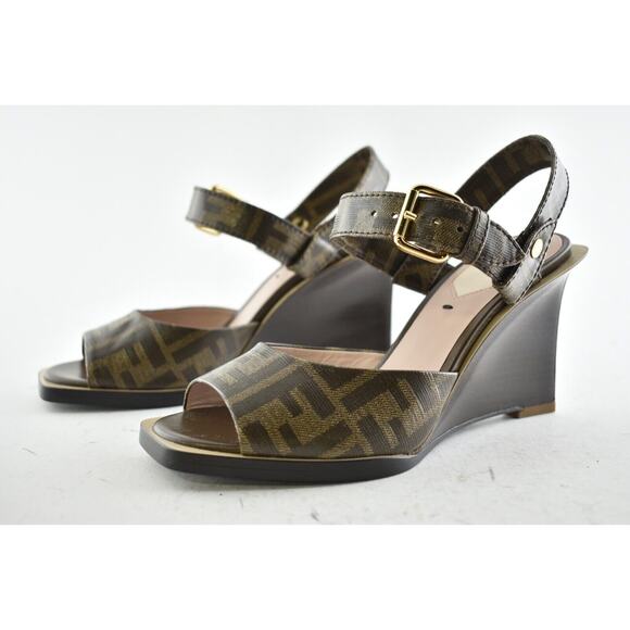 Fendi Dark Brown FF Motif Logo Ankle Strap Sandal Peep Toe Heel Pump Wedge 36.5 - Picture 9 of 11